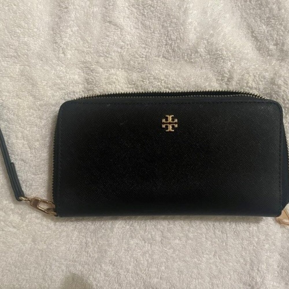 Tory Burch Emerson Saffiano Leather Wristlet_Navy Blue_ Mint Condition